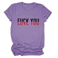 Detail of creative 'Love You' print on heathered purple short sleeve t-shirt - Purple (Black Text)