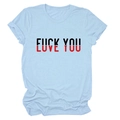 Detail of light blue cotton T-shirt featuring artistic Love You and Fuck You text print - Light Blue (Black Text)