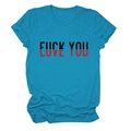 Detail of teal cotton T-shirt featuring LOVE YOU and FUCK YOU graphic print design - Lake Blue (Black Text)