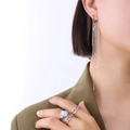 Zilveren lange kwastje ketting oorbellen en geometrische ringenset op een model - Staal kleurige kwastjes oorbellen (F547) / Staalkleur