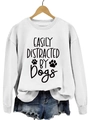 White pullover sweatshirt with Easily Distracted by Dogs print and denim shorts - White Sweatshirt (Black Font)