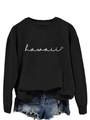 Detail of black long-sleeve sweatshirt with white Hawaii script and small heart print - Black Sweatshirt (White Font)