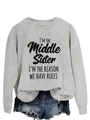 Detail of grey sweatshirt with 'I'm the middle sister' quote and denim shorts - Grey (Black Font)