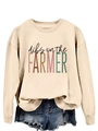 Detail of ribbed cuffs and dibs on the farmer print on beige crewneck sweatshirt - S / Sand (Black Print)