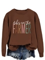 Detail view of dark brown crewneck sweatshirt with colorful dibs on the farmer print - S / Coffee (White Print)