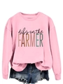 Detail of pink crewneck sweatshirt with Dibs on the Farmer print and denim shorts - S / Pink (Black Print)