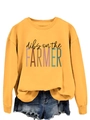 Detail showing yellow crewneck sweatshirt with Dibs on the Farmer print and denim shorts - S / Yellow (Black Print)