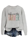 Detail of grey crewneck sweatshirt with 'Dibs on the Farmer' text and denim shorts - S / Grey (Black Print)