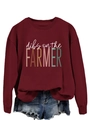 Close-up of dibs on the FARMER print on a burgundy oversized long sleeve crewneck sweatshirt - S / Wine Red (White Print)