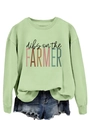 Detail view of light green crewneck sweatshirt with dibs on the farmer print text - S / Olive Green (Black Print)