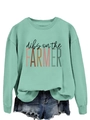 Close-up of mint green crewneck sweatshirt with Dibs on the Farmer print and denim shorts - S / Light Green (Black Print)