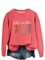 Close-up of red crewneck sweatshirt featuring dibs on the farmer retro slogan - S / Red (White Print)