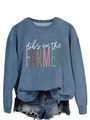 Detail of blue crewneck sweatshirt featuring 'dibs on the FARMER' text and soft fabric - S / Blue (White Print)