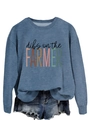 Flat lay of a blue sweatshirt with dibs on the farmer print and denim shorts set - S / Blue (Black Print)