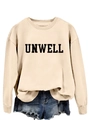 Dettaglio della felpa beige con stampa UNWELL e pantaloncini di jeans sfilacciati - S / Sabbia (Carattere Nero)
