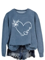 Blue-grey sweatshirt with white Oma heart floral print and casual long sleeves - Blue (White Print)