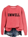 Detail of brick red sweatshirt featuring bold UNWELL print and frayed denim shorts - S / Red (Black Font)