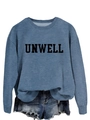 Close-up of UNWELL letter print on blue long sleeve sweatshirt with casual denim shorts - S / Blue (Black Font)