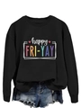 Detail of happy FRI-YAY print and heart on black crewneck sweatshirt with denim shorts - Black Hoodie
