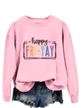 Flat lay of pink happy fri-yay sweatshirt with blue denim shorts on white background - Pink Sweatshirt