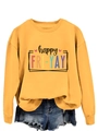 Detail view of yellow long sleeve sweatshirt with happy FRI-YAY rainbow print design - Yellow