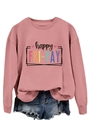 Flat lay of pink Happy Fri-Yay sweatshirt with blue distressed denim shorts set - Rose Gold