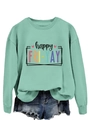 Detail of happy FRI-YAY print on mint green sweatshirt with ribbed collar design - Light Green