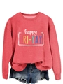 Detailed view of happy FRI-YAY printed lettering on casual coral red sweatshirt - Red (White Text)