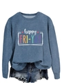 Detail view of happy fri-yay graphic print on blue long sleeve crewneck sweatshirt - Blue (White Text)