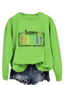 Detail of green long sleeve sweatshirt with colorful happy FRI-YAY print and heart icon - Neon Green (Black Text)