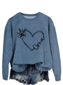 Blue-grey Oma heart floral print sweatshirt in casual crewneck long sleeve style - Blue (Black Print)