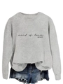 Detail of grey crewneck sweatshirt with black 'maid of honor' text and denim shorts - Grey Sweatshirt (Black Font)