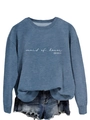 Detail view of hazy blue crewneck sweatshirt with white maid of honor print and denim shorts - Blue Sweatshirt (White Font)