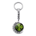 Detail of rotating crescent moon keychain with lucky four-leaf clover glass pendant - Lucky Clover Style 6(JY008584-6)