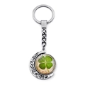 Silver crescent moon keychain with double-sided rotating four-leaf clover glass pendant - Lucky Clover Style 2(JY008584-2)