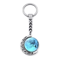 Silver crescent moon keychain with double-sided rotating blue moon and black cat on tree - Deep Space Blue Moon Cat (JY008594-11)
