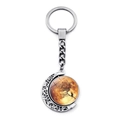 Rotating crystal moon keychain with black cat and tree branch design in silver frame - Bright Yellow Moon Cat (JY008594-10)
