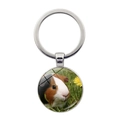 Close-up of circular metal keychain featuring a guinea pig photo under glass dome - Close-up of Guinea Pig on Grass (JY008596-Silver 12)