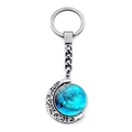 Macro shot of silver crescent moon keychain with double-sided rotating cat on tree pendant - Quiet Blue Moon Cat (JY008594-6)