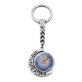 Rotating holy dove moon keychain with colorful stained glass pattern in silver metal frame - Blue Red Stained Glass Holy Spirit Style (JY008600-11)