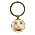 Vintage bronze keychain with round glass pendant featuring a cute guinea pig portrait - Front View Half-Body Guinea Pig (JY008596-Copper 1)