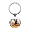 Silver metal keychain featuring a round glass pendant with two cute guinea pigs - Two Guinea Pigs Sitting Together on Grass (JY008596-Silver 9)