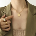 Vintage 18K gold plated square dandelion pendant necklace and rings set on model - Gold
