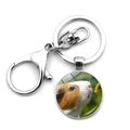 Detailansicht des Meerschweinchen-Glasanhängers mit silbernem Karabiner und Schlüsselring - Meerschweinchen riecht an Blume (JY008597-7)