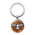 Détail du porte-clés colombe en verre coloré avec un fond rayonnant orange et rouge - Motif Colombe du Saint-Esprit 9 (JY008599-Argent 9)