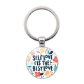 Portachiavi tondo argento con testo Self Love Is The Best Love e motivi floreali - Argento-Self Love Is The Best Love (JY008619)