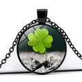Crystal glass four-leaf clover pendant necklace with black metal frame on white background - Black Base Fresh Four Leaf Clover Light Background (Black 3)