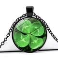 Macro shot of glass dome clover pendant necklace with black link chain and alloy base - Black Base Four Leaf Clover Minimalist Natural (Black 4)