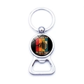 Detail of metal bottle opener keychain with retro beer illustration on white background - Hand Holding Beer Glass Humorous Style (JY008654-18)