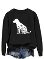 Détail d'un sweat noir à col rond avec imprimé floral silhouette de chien et bords côtelés - S / Sweat-shirt noir (motif de texte blanc)